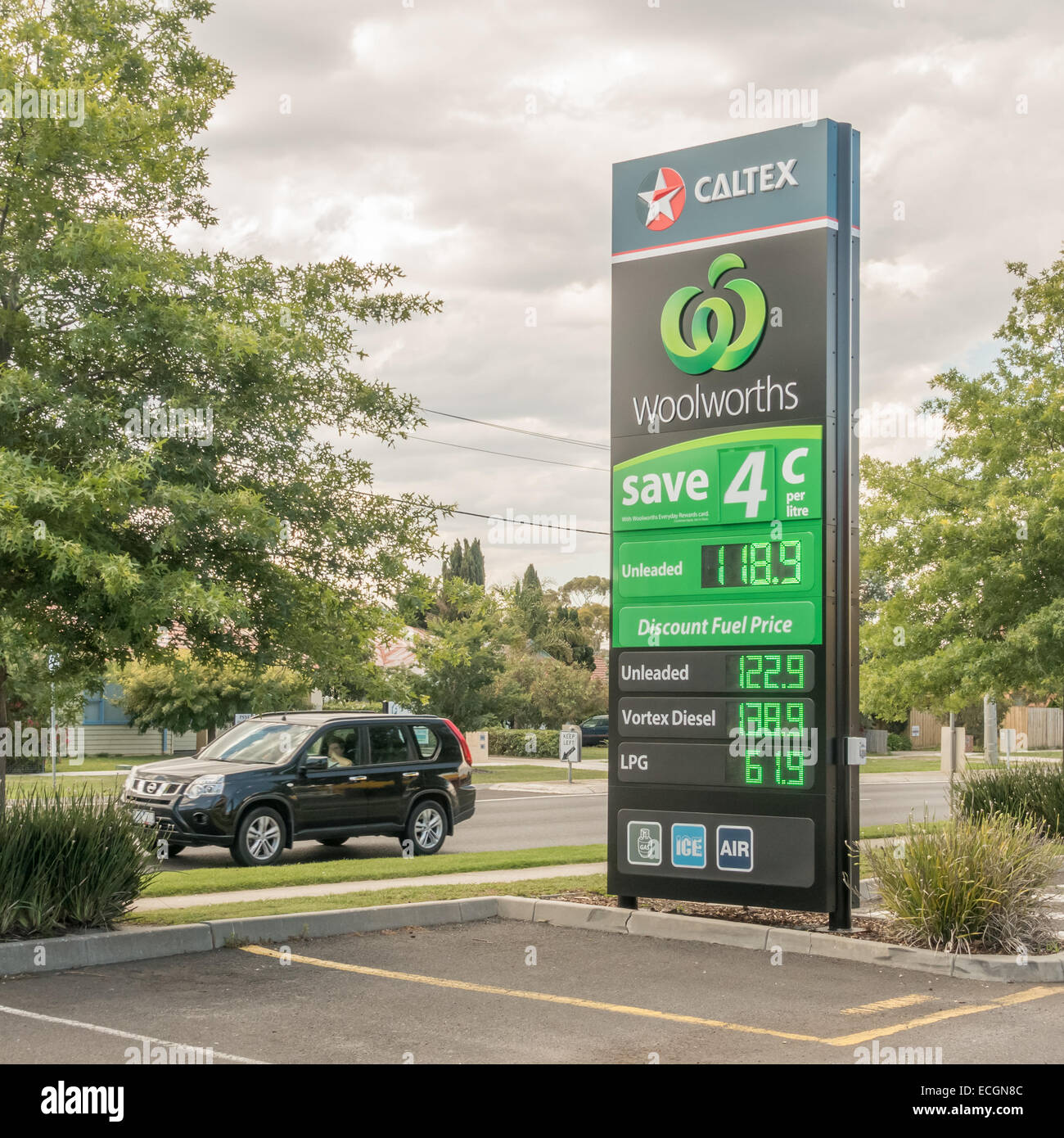 Fuel pricing sign at a Caltex/Woolworts branded service station Stock Photo
