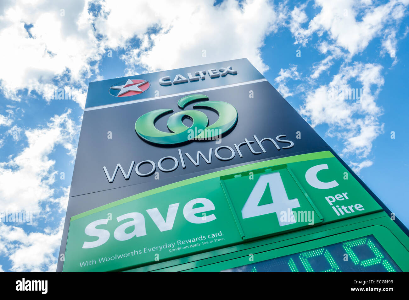 Fuel pricing sign at a Caltex / Woolworths branded service station Stock Photo
