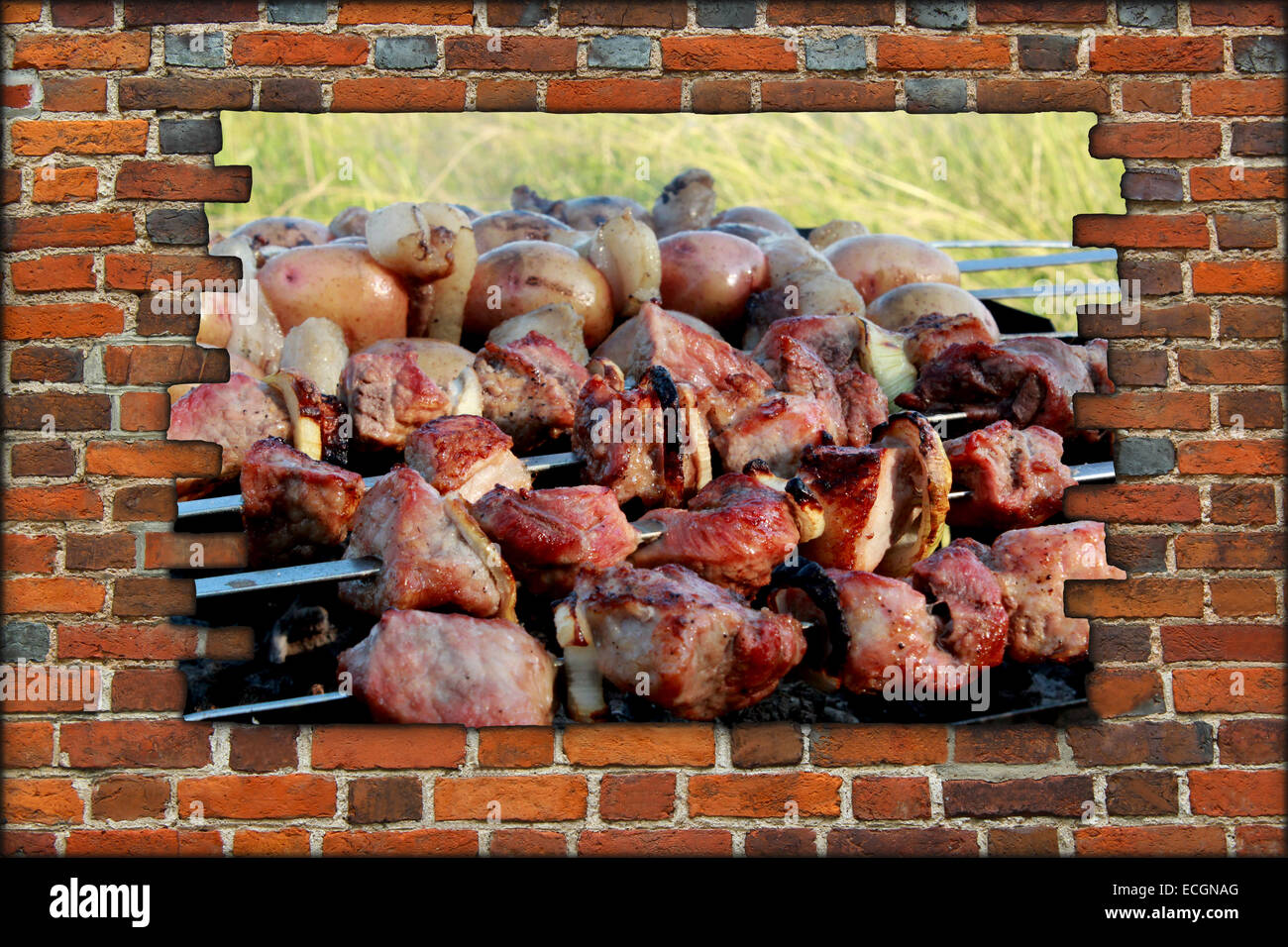 appetizing barbecue on the fire behind the broken brick wall Stock