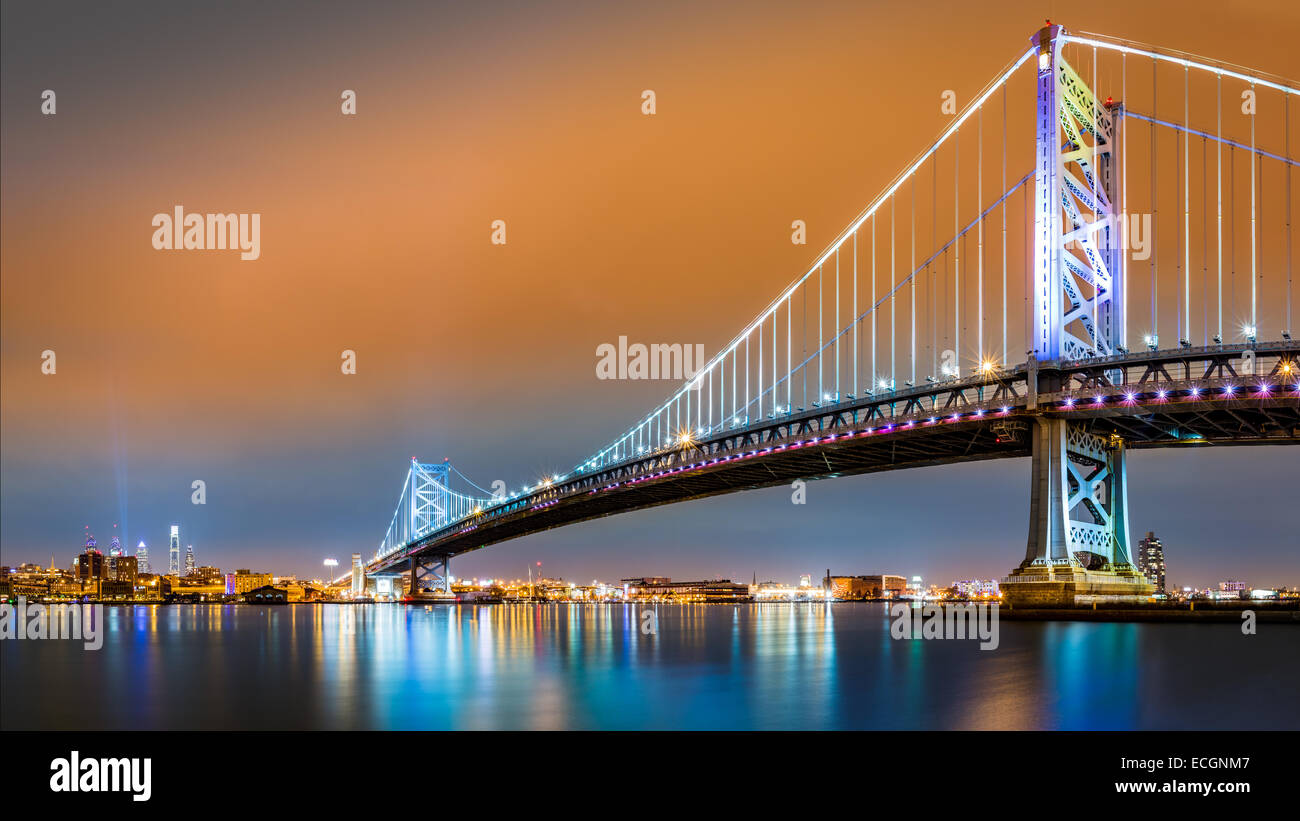 Ben Franklin Bridge and Philadelphia skyline by night as viewed from Camden across the Delaware river Stock Photo