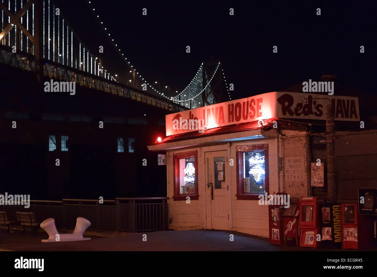 Red's Java House in front of the Bay Bridge, San Francisco CA Stock Photo