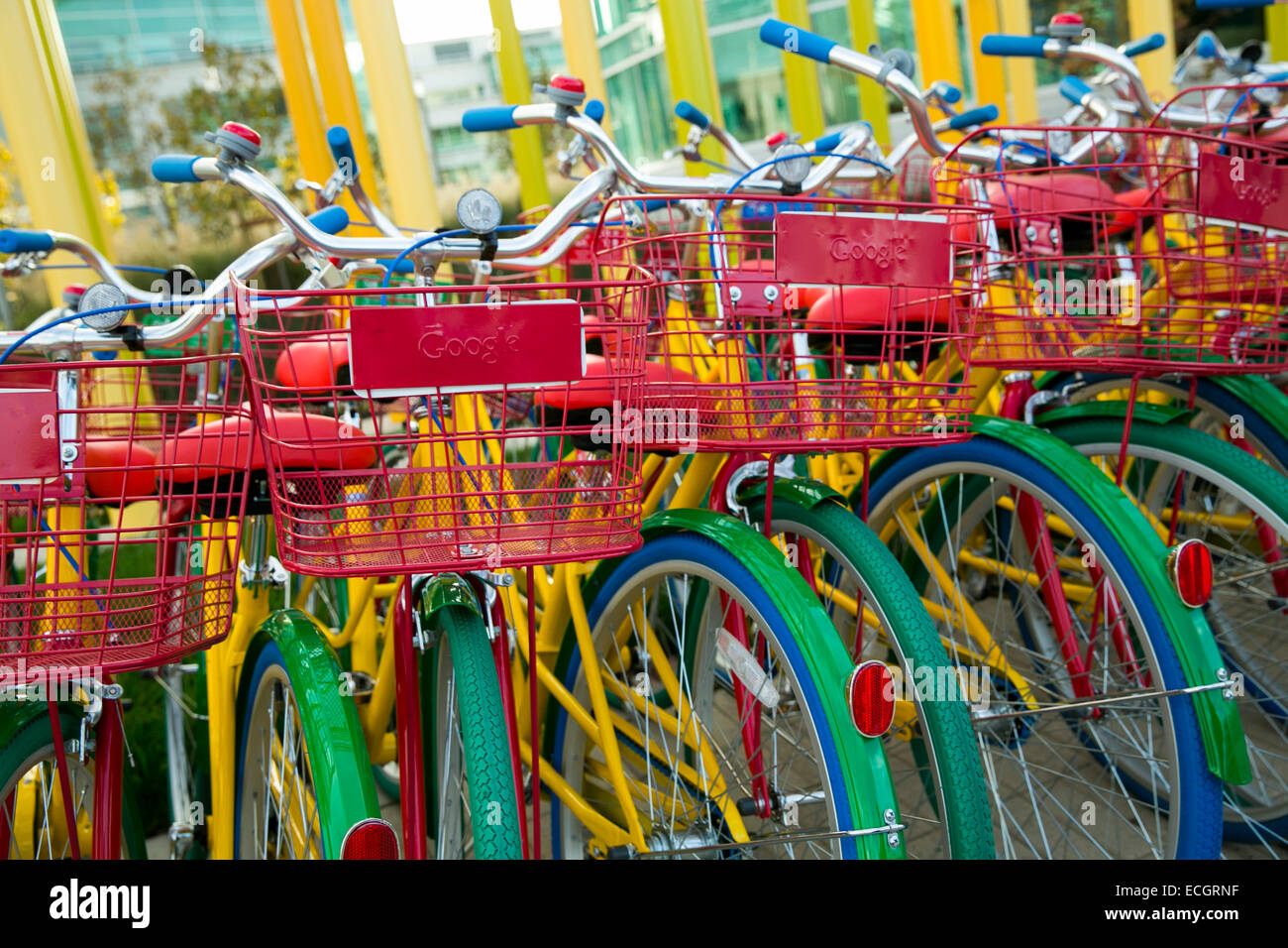 A large number of Google Gbike's. Stock Photo