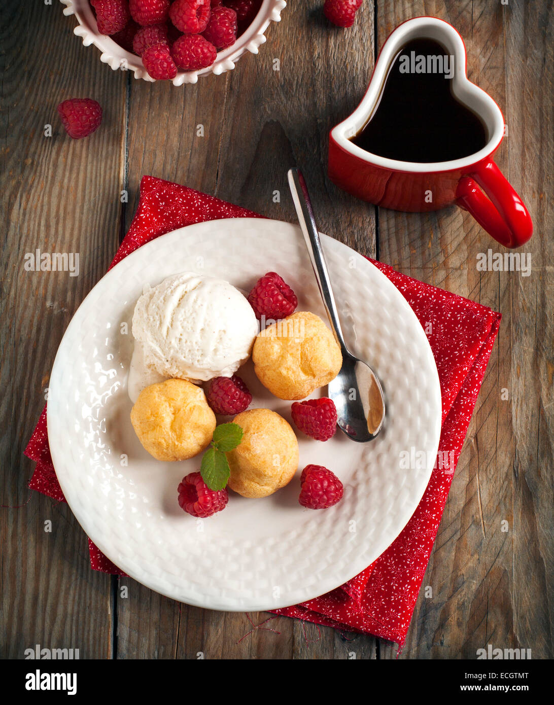 Dessert with Vanilla Ice Cream and Puff pastry filled with dairy cream Stock Photo