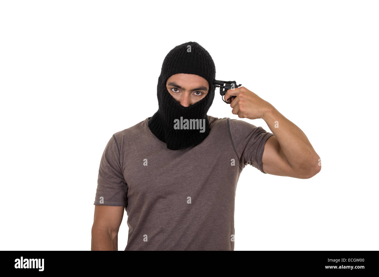 male thief wearing mask and holding gun isolated Stock Photo