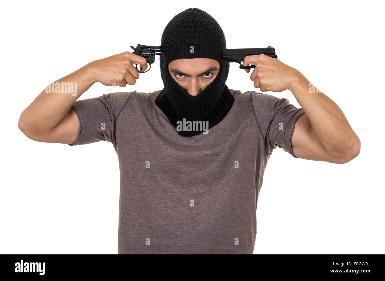 male thief wearing mask and holding guns to his head isolated Stock Photo