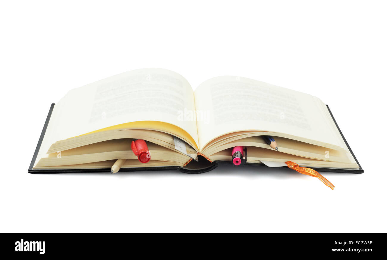 Open Book Bookmarked with Stationery On White Background Stock Photo