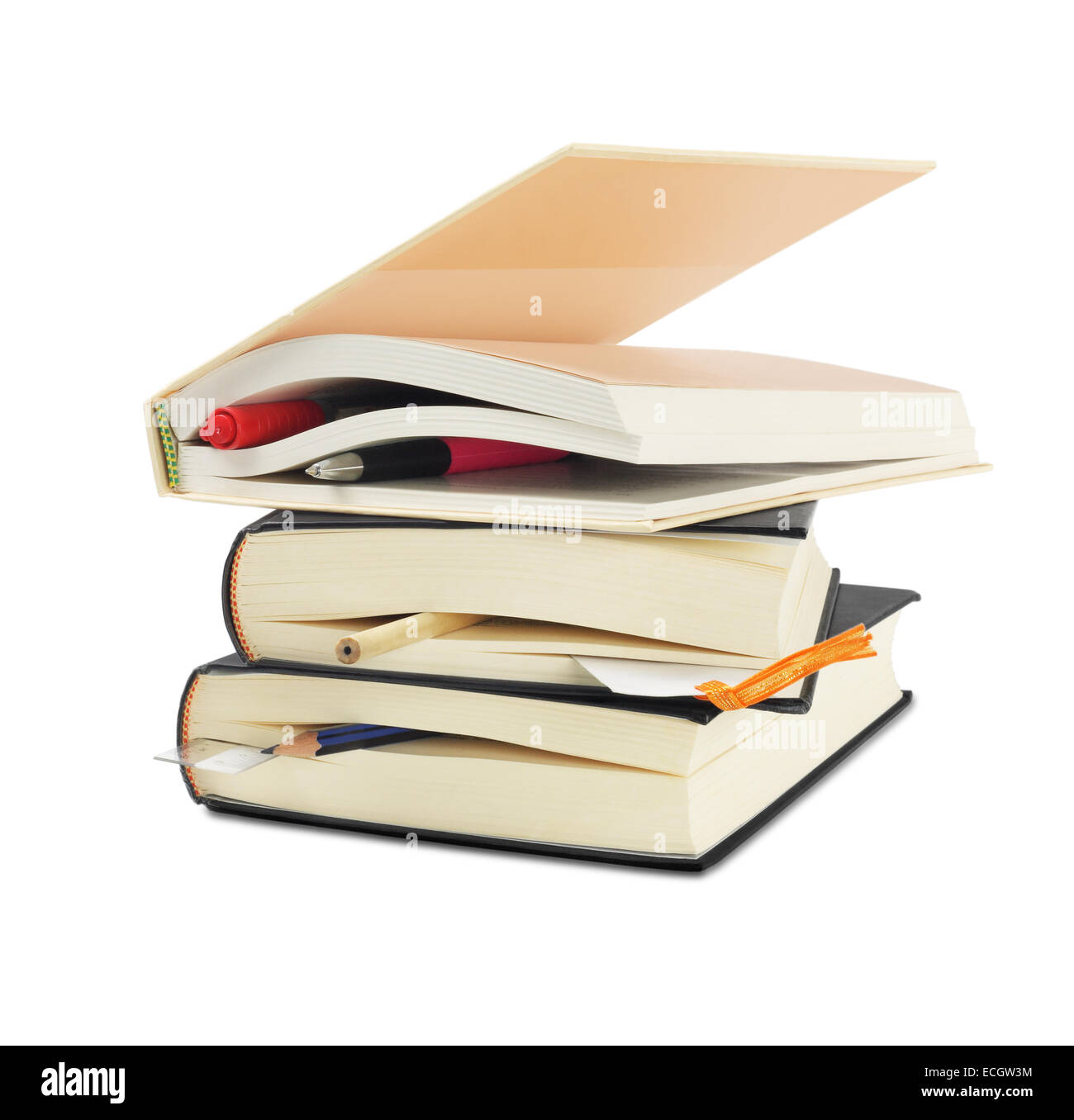 Hardcover Books Bookmarked with Stationery On White Background Stock Photo