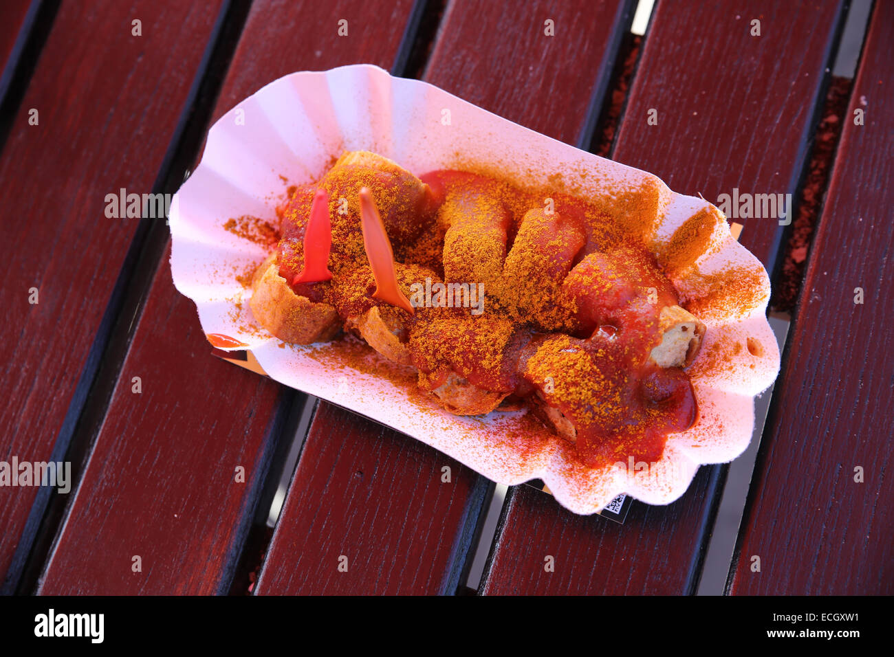 German curry wurst picnic table Stock Photo