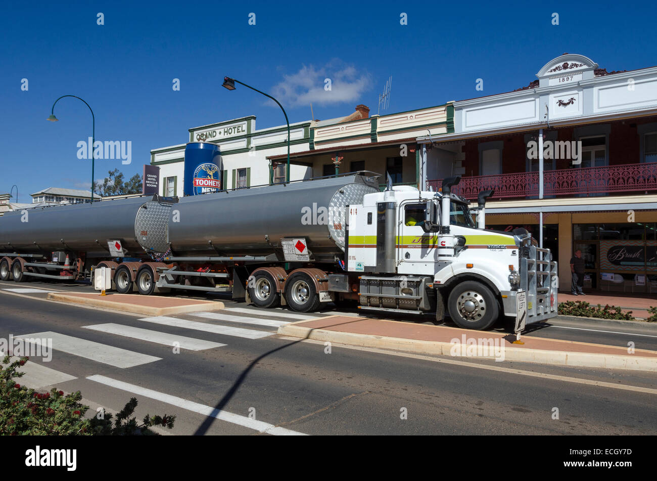 Road train on highway, Cobar, New South Wales, Australia Stock Photo