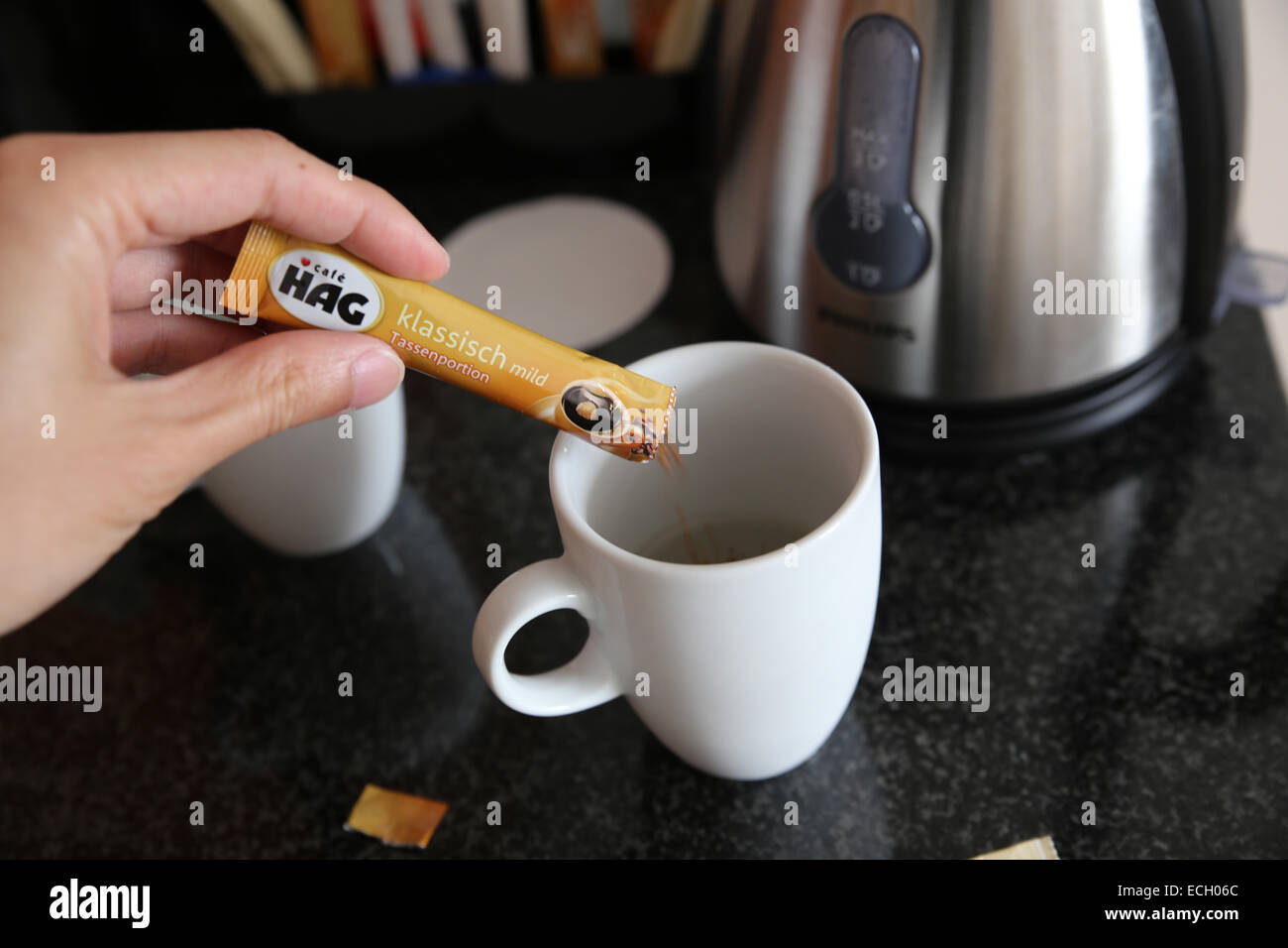 making instant coffee hotel room europe Stock Photo Alamy