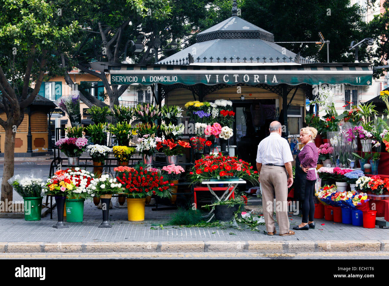 Flowers market on Alameda Principal Street, Malaga, Andalusia, Spain Stock Photo