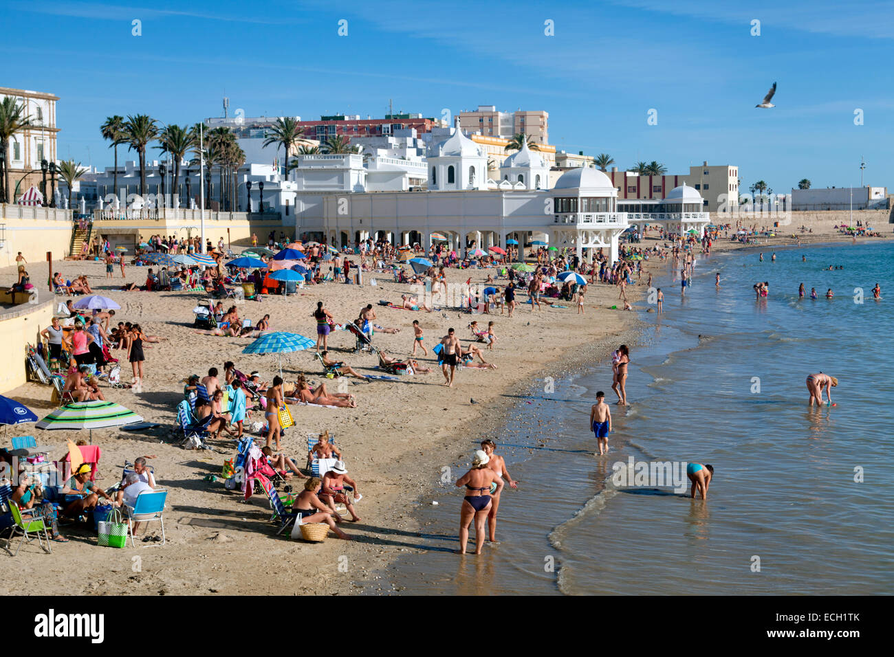 Playa de La Caleta city beach with the white Balneario de la Palma in the background, Cadiz, Andalusia, Spain Stock Photo