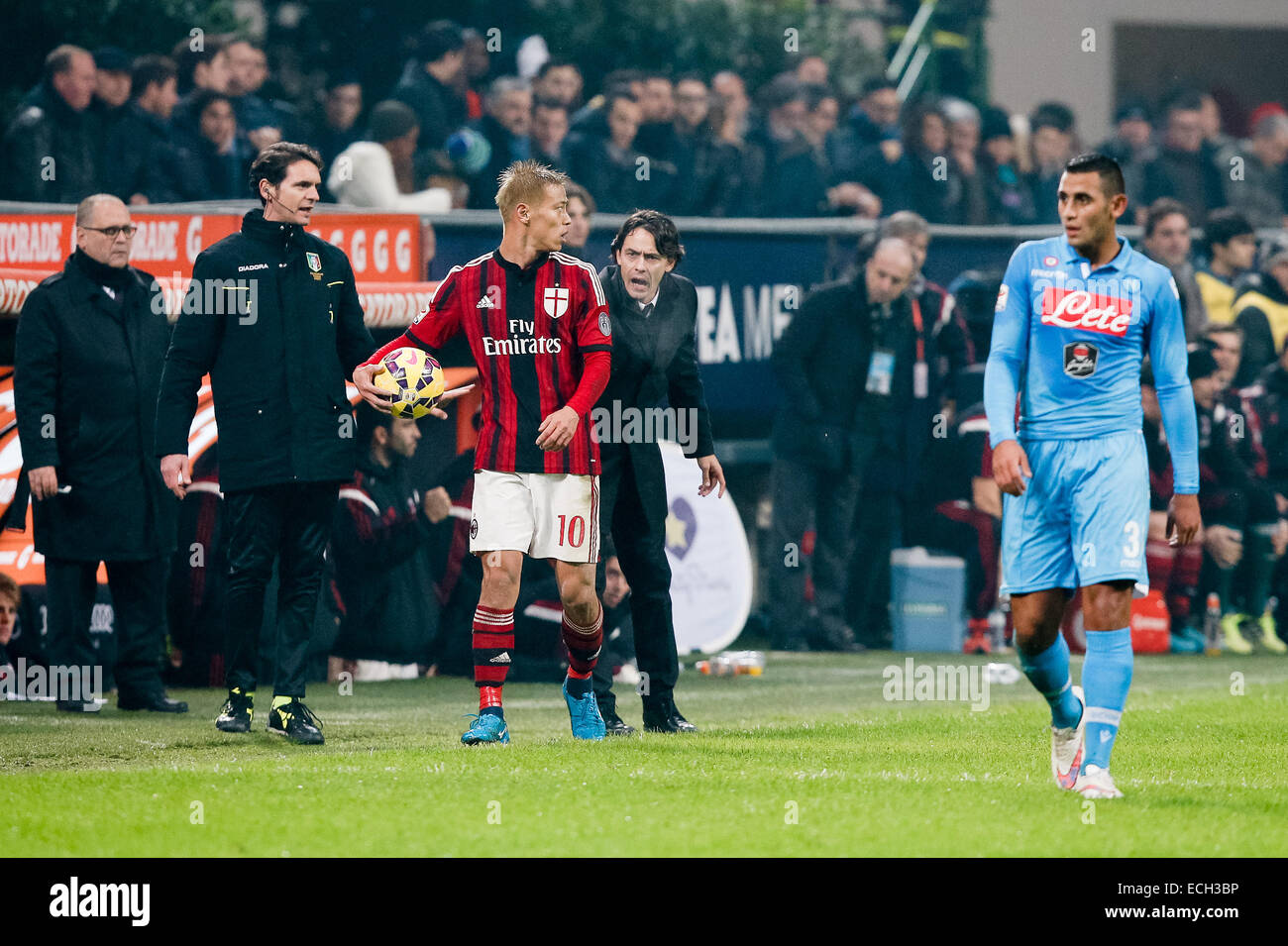 Milan, Italy. 14th Dec, 2014. Keisuke Honda, Filippo Inzaghi (AC Milan) Football/Soccer : Keisuke Honda of AC Milan and manager Filippo Inzaghi during the Serie A match between AC Milan and Napoli at San Siro in Milan, Italy . © AFLO/Alamy Live News Stock Photo