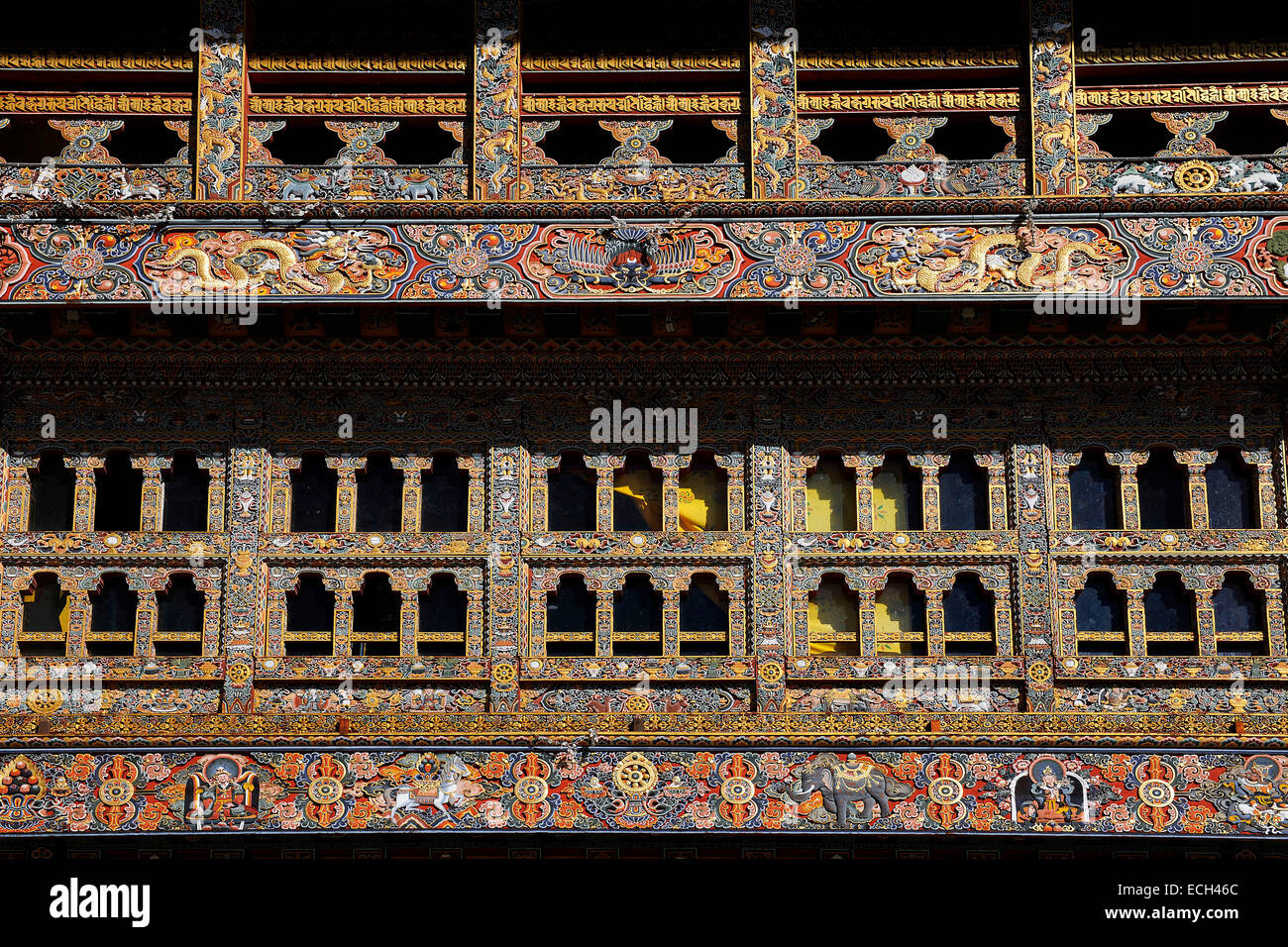 Ornamental windows in Gangtey Monastery in Phobjika Valley, Wangdue Phodrang District, Bhutan Stock Photo