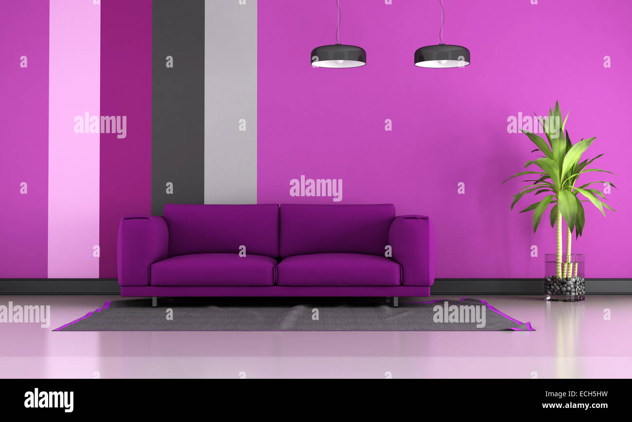 Contemporary living room with purple sofa on carpet 3D Rendering