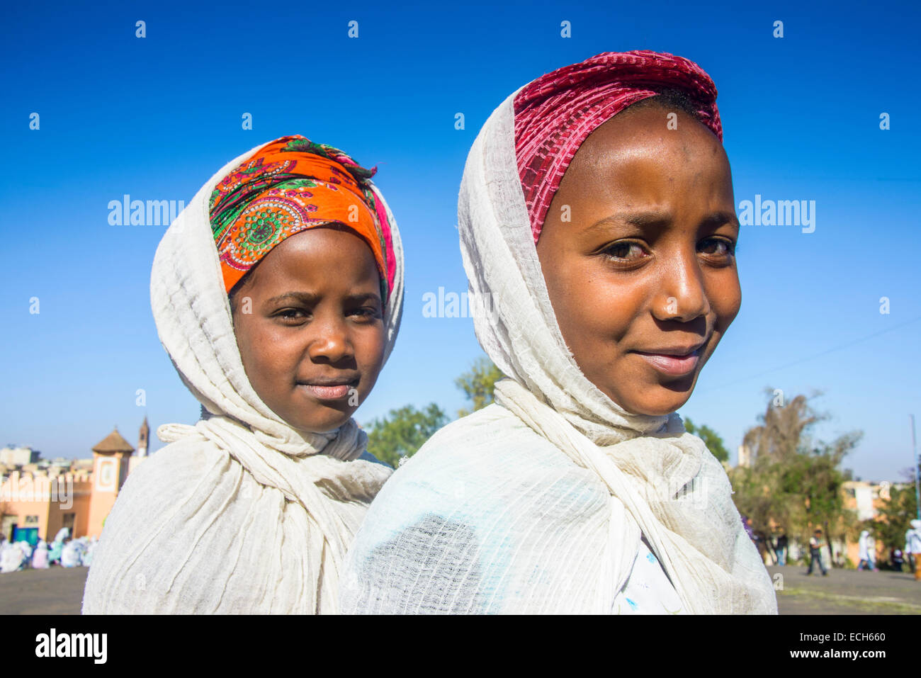 Orthodox girls dressed for the Easter ceremony, Asmara, Eritrea Stock Photo