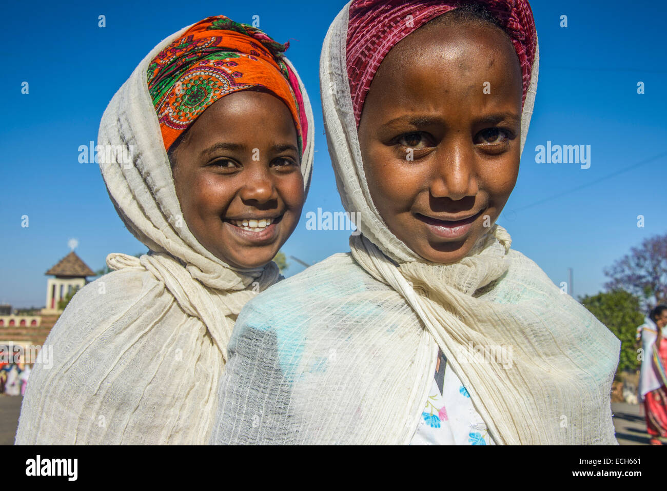 Orthodox girls dressed for the Easter ceremony, Asmara, Eritrea Stock Photo