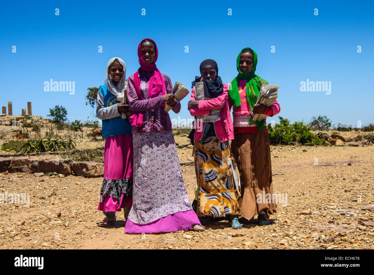 Colourful dressed schoolgirls, Qohaito, Eritrea Stock Photo