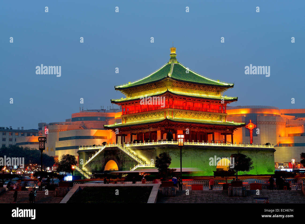 Illuminated Bell Tower, Xi'an, Shaanxi Province, China Stock Photo