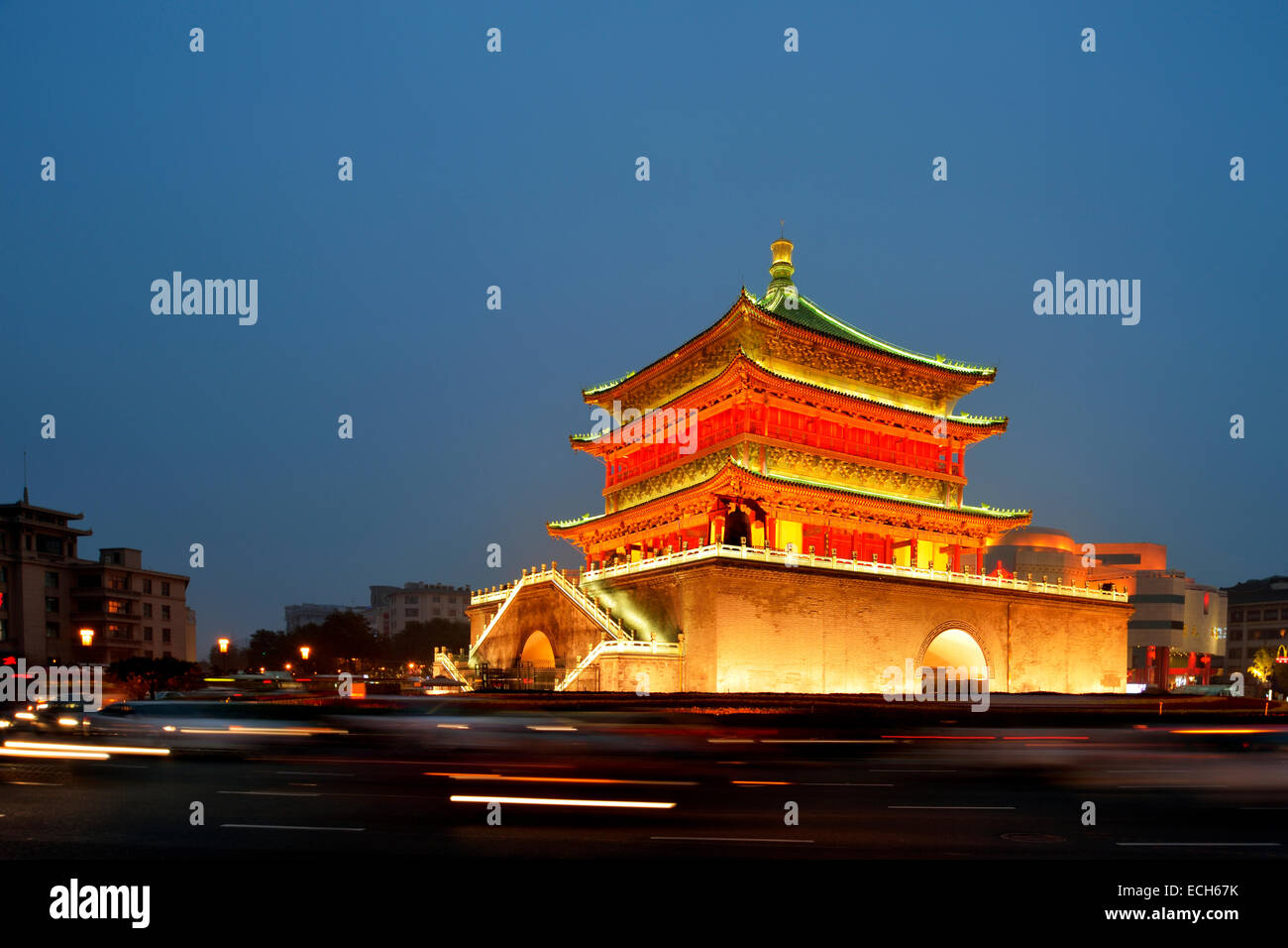 Illuminated Bell Tower, Xi'an, Shaanxi Province, China Stock Photo