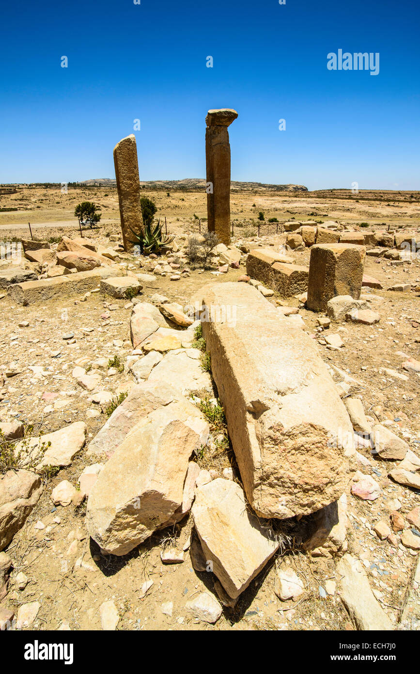 The columns of a ruined structure at the Pre-Aksumite settlement of Qohaito, Eritrea Stock Photo
