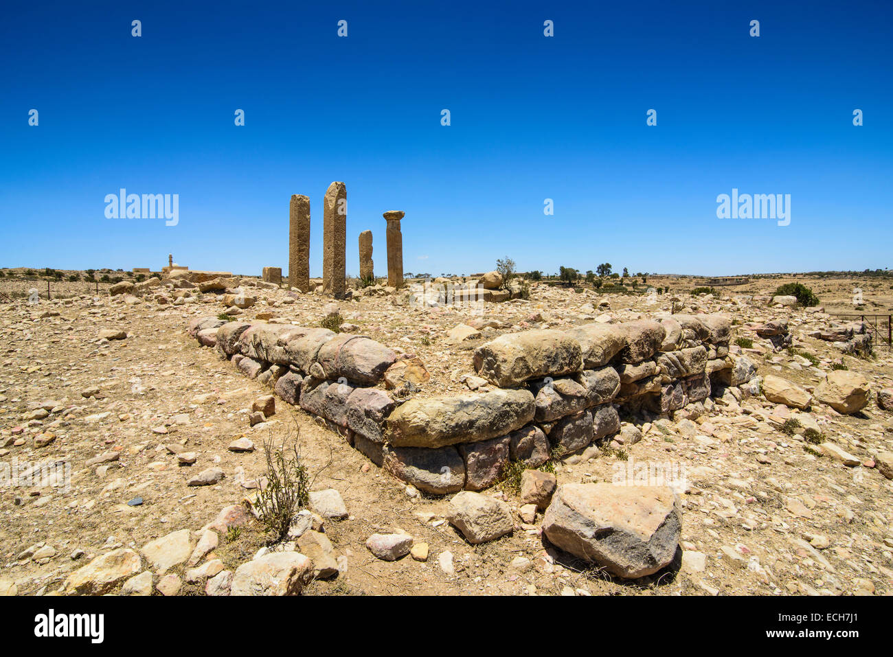 The columns of a ruined structure at the Pre-Aksumite settlement of Qohaito, Eritrea Stock Photo