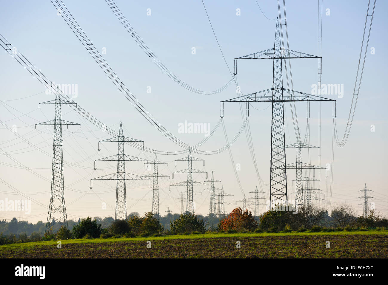 Transmission lines in Waiblingen, BadenWürttemberg, Germany Stock