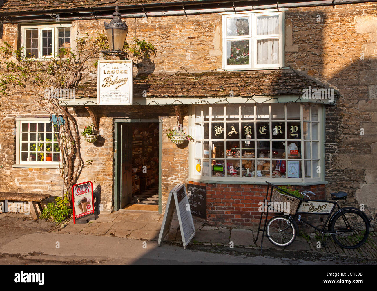 Traditional old fashioned exterior of village bakery shop at Lacock
