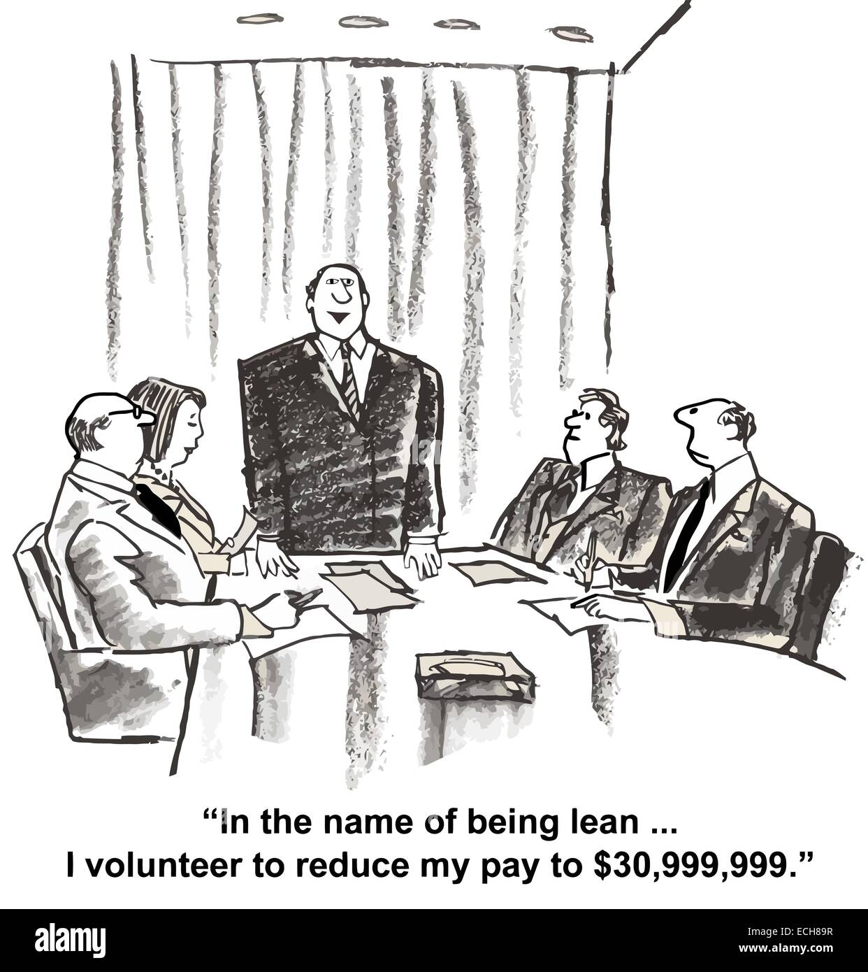 'In the name of being lean... I volunteer to reduce my pay to $30,999,999.' Stock Vector