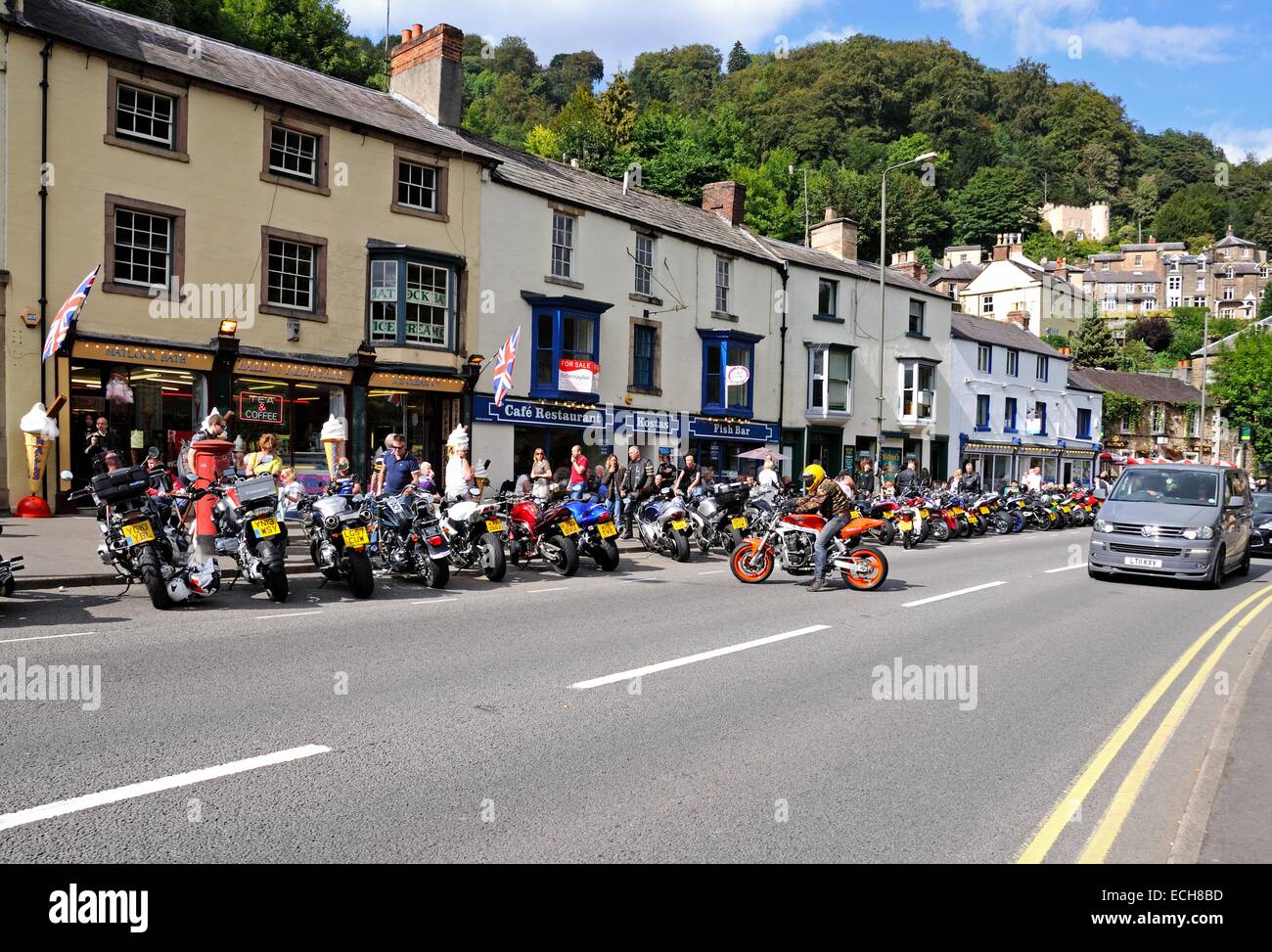 Motor cyclists lining the high street, Matlock Bath, Derbyshire, England, UK, Western Europe. Stock Photo