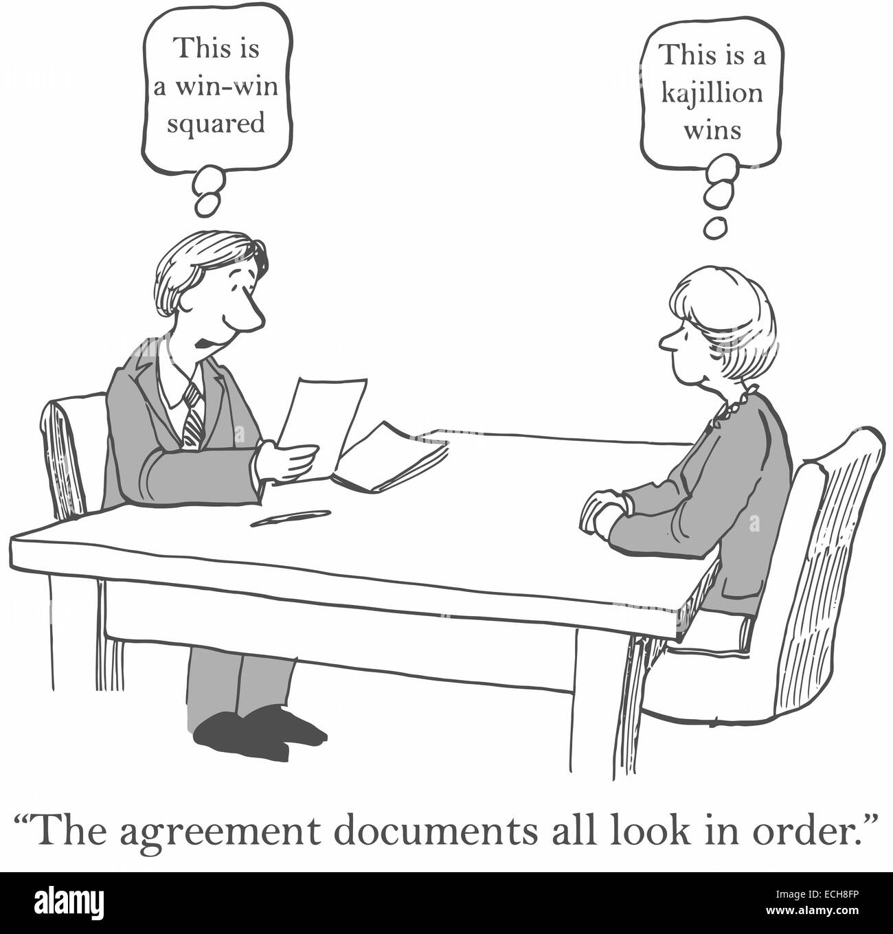 'The agreement documents all look in order.'  'This is a win-win' Stock Vector