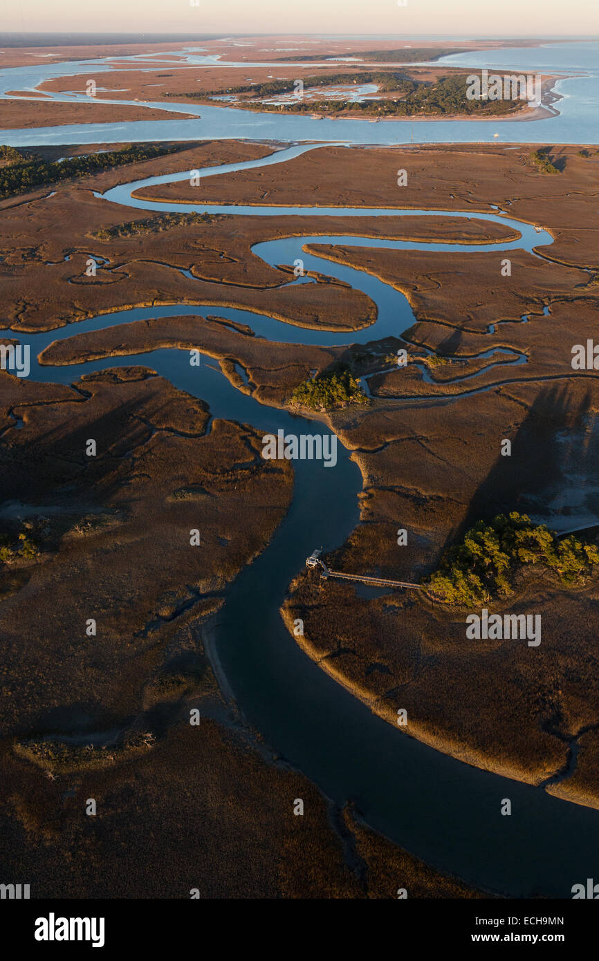 Aerial view of the tidal marsh behind the Isle of Palms in Charleston