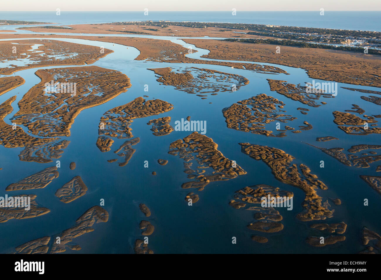 Aerial view of the tidal marsh looking toward the Isle of Palms and