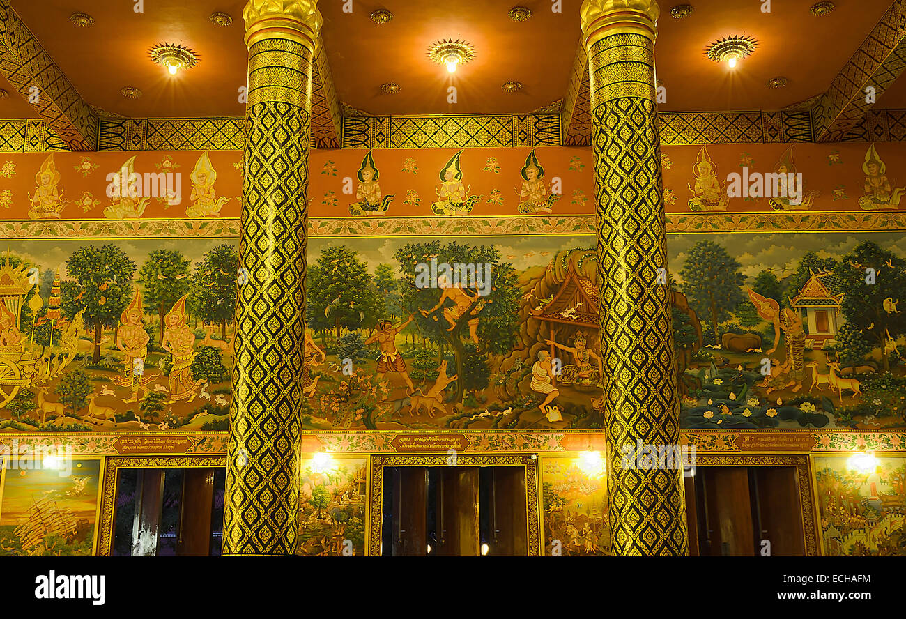 The Thai Mural Painting about Buddha's History in Public Temple. Stock Photo