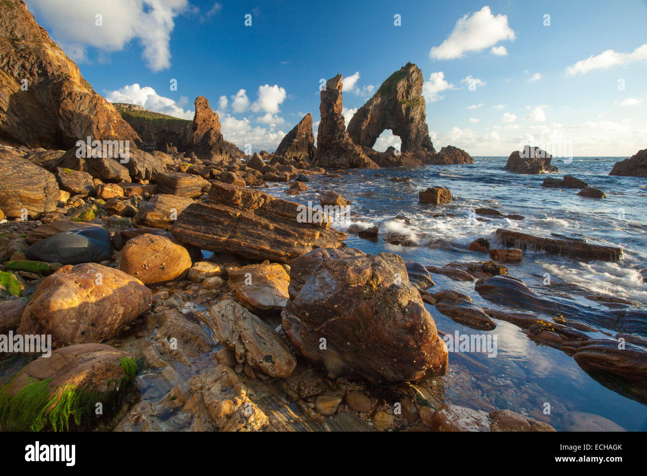 Evening light on the rock formations of Crohy Head, County Donegal, Ireland. Stock Photo