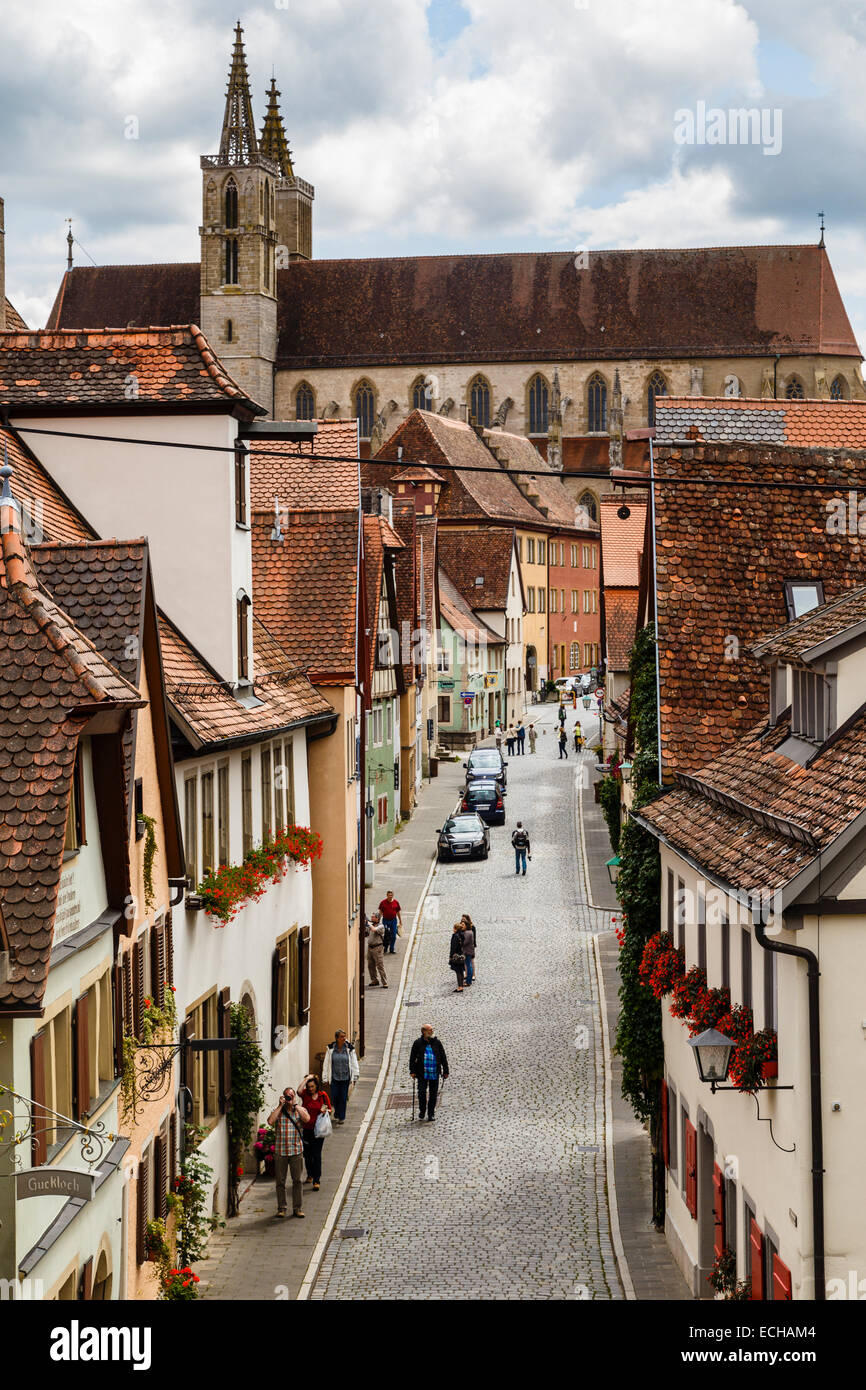 Cityscape, Rothenburg ob der Tauber, with St James Lutheran Church in background Stock Photo