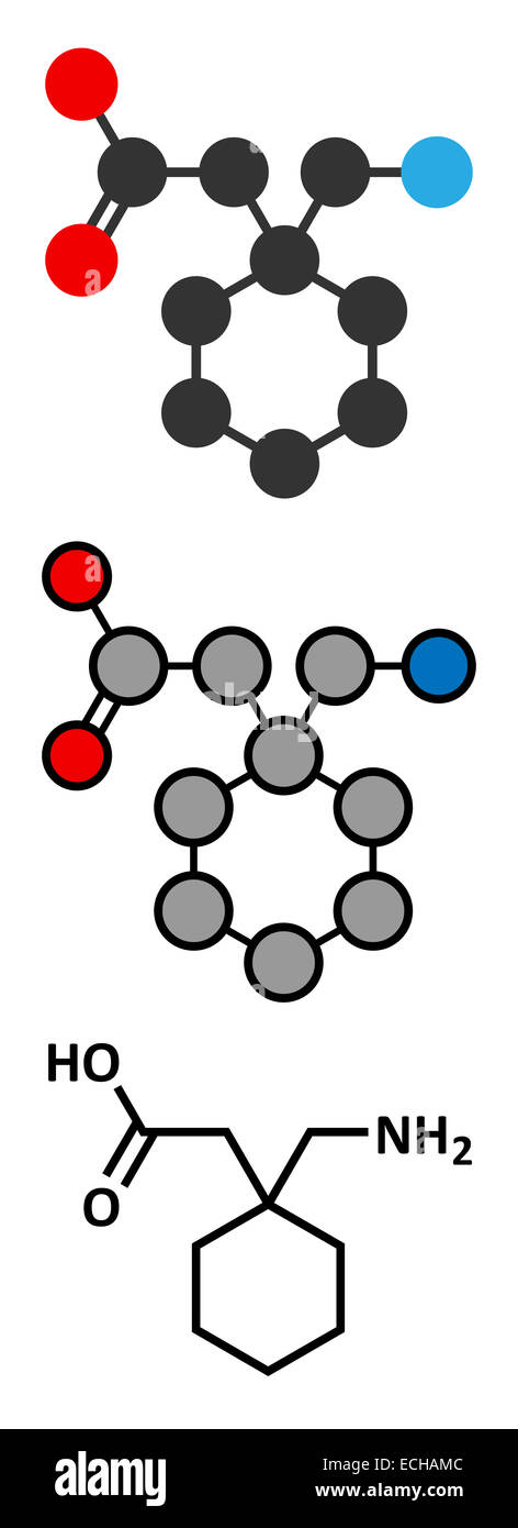 Gapapentin drug molecule. Used in treatment of seizures and neuropathic pain. Stock Photo