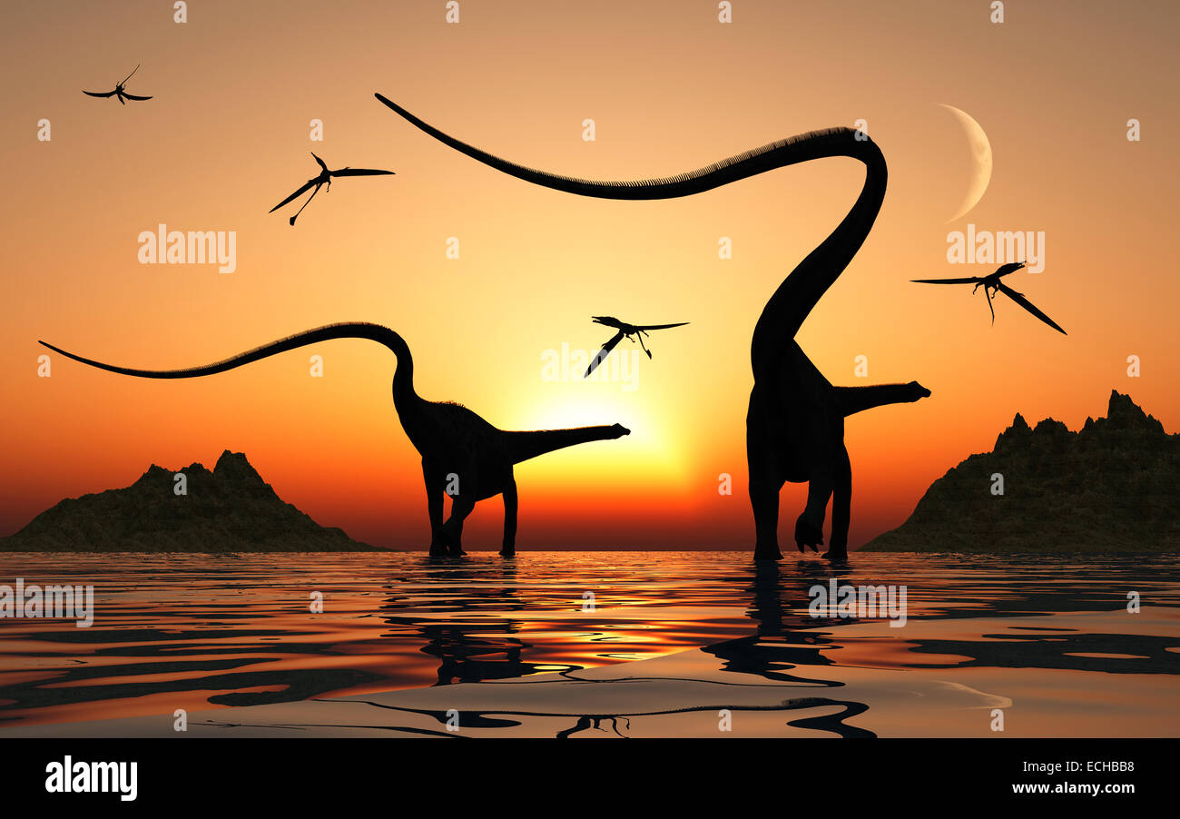 A Pair Of Giant Herbivore Diplodocus Sauropod Dinosaurs. Stock Photo