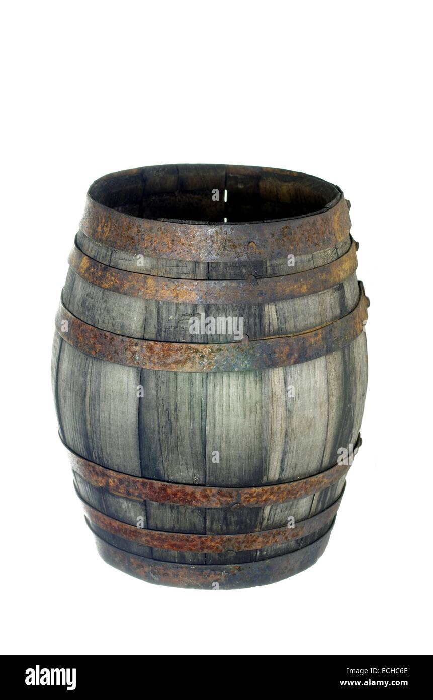 old wooden barrel with metal rings on white background Stock Photo