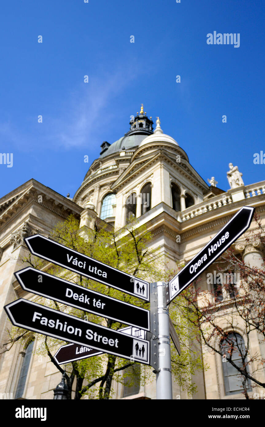 Budapest, Hungary. Signpost to tourist highlights in front of St Steven's Cathedral Stock Photo
