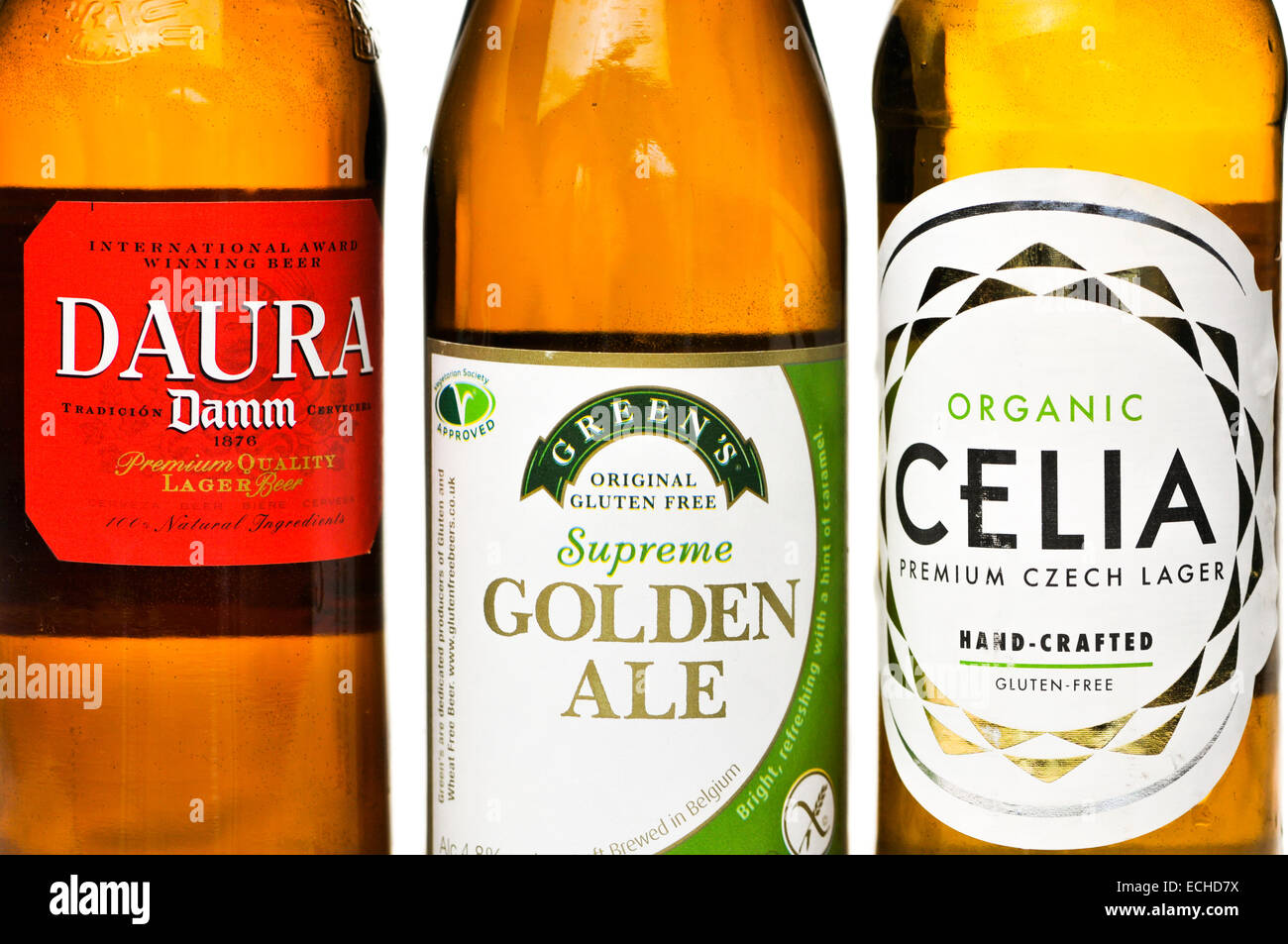 Three bottles of gluten-free beer Damm Daura, Greens Supreme Golden Ale and Celia from the Czech Republic Stock Photo