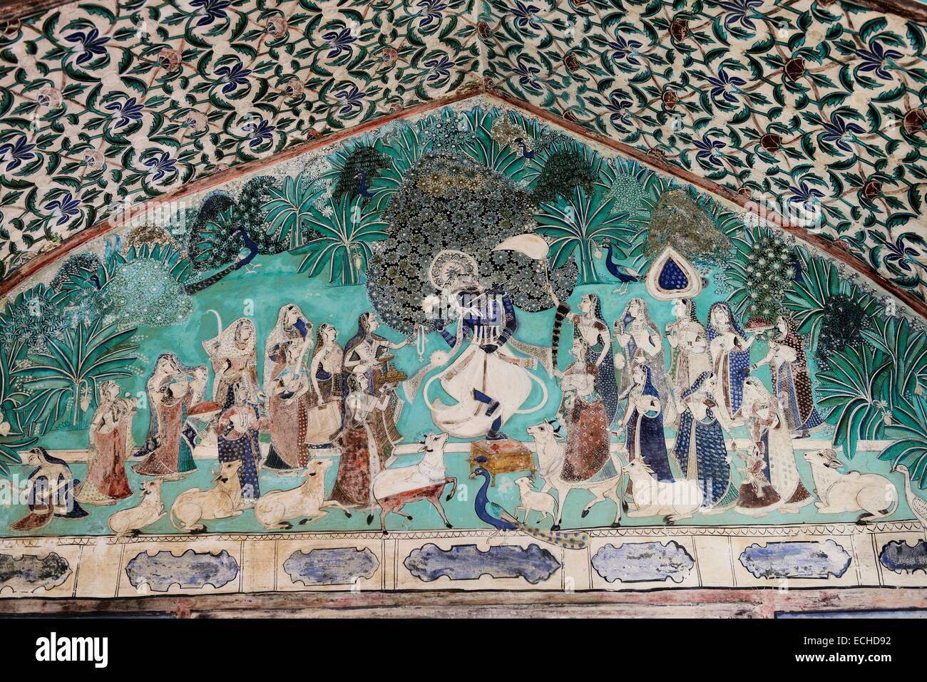 India, Rajasthan, Mewar Region, village of Bundi, wall painting in the