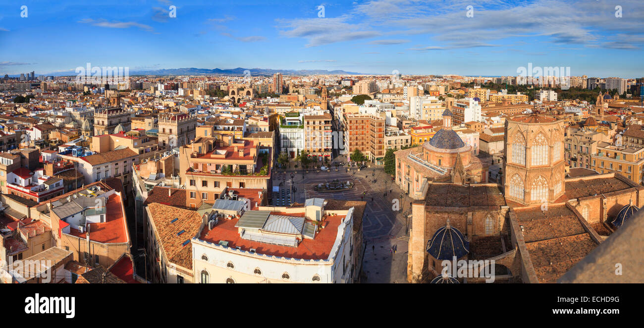 High viewpoint panorama of Valencia Spain and the Plaza de la Seu and the Cathedral from the Miguelete Bell Tower Stock Photo