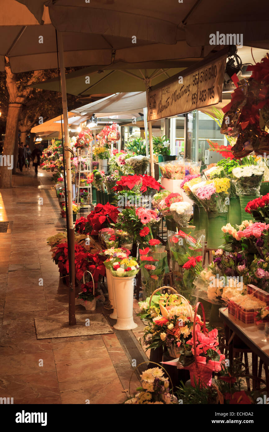 Flower stalls in Valencia city centre at night Stock Photo Alamy