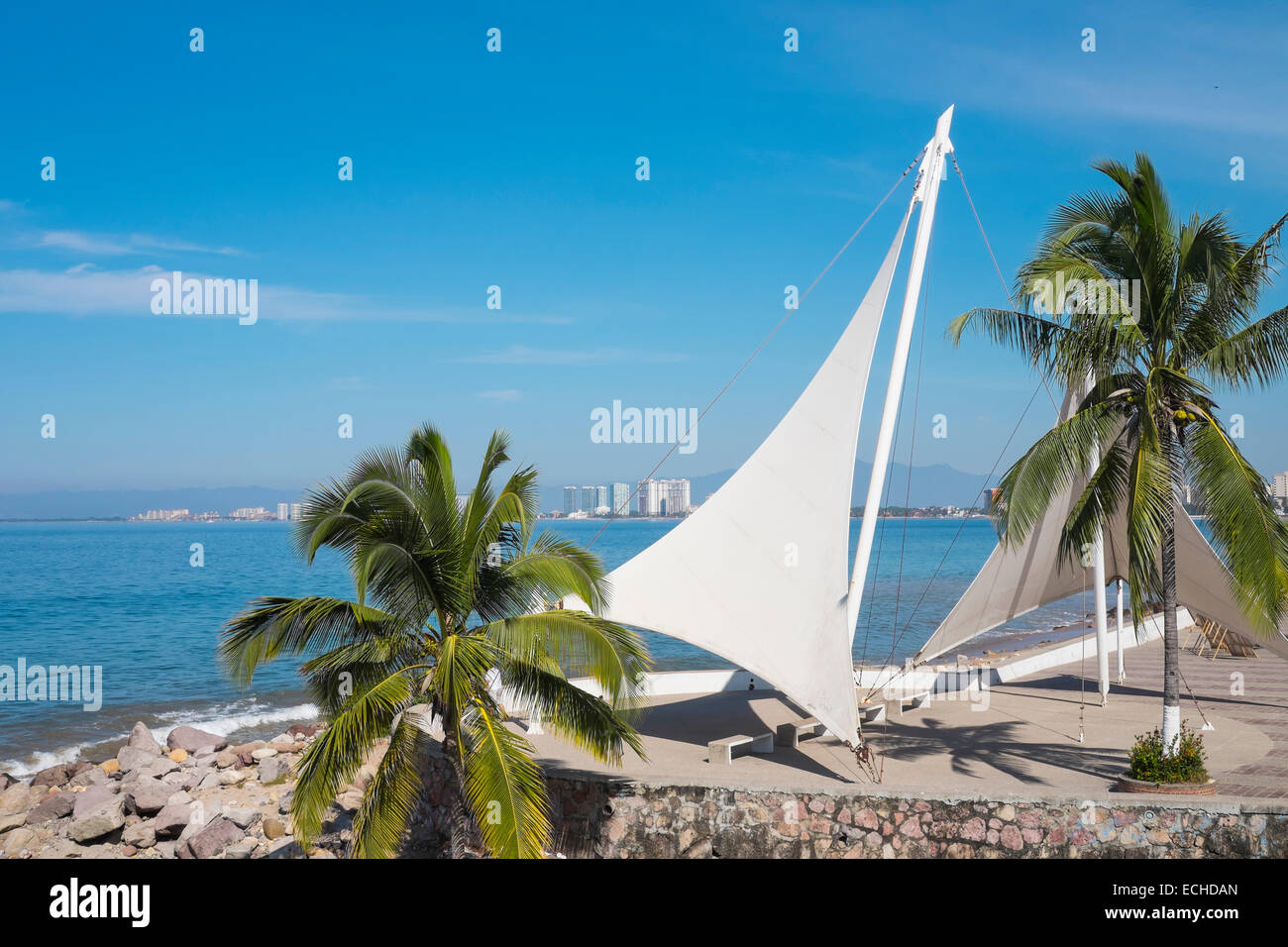 Set sail statue at the South end of Malecon pedestrian boulevard in Puerto Vallarta, Jalisco, Mexico Stock Photo