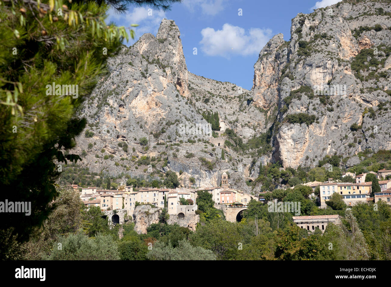 An overview of Moustiers Sainte Marie, a picturesque Provençal village (Haute Provence Alps - France). Moustiers Sainte Marie. Stock Photo