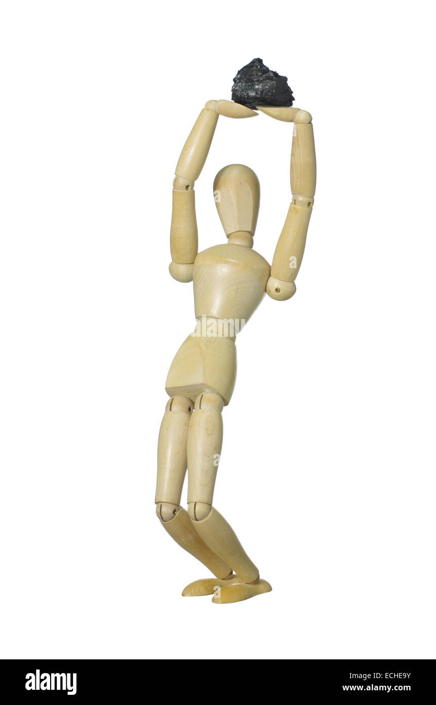 standing  wooden dummy with coal on white background Stock Photo