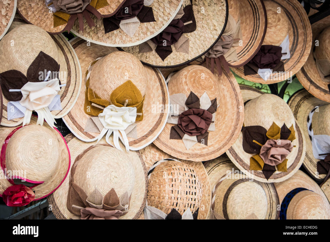 Sales display of several hand crafted straw hats in Puerto Vallarta, Mexico. Stock Photo