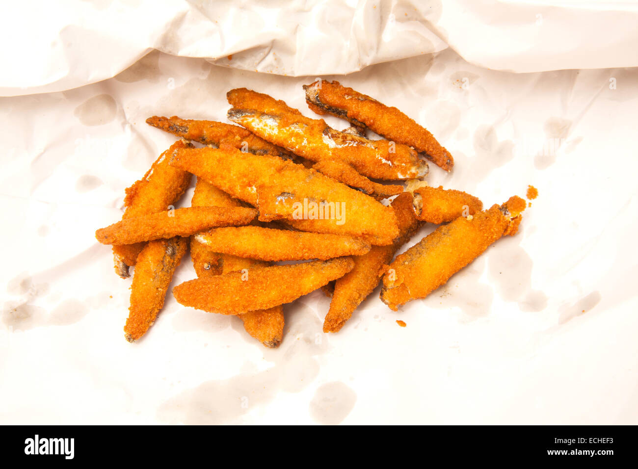 Whitebait fresh from the fish and chip shop. Stock Photo