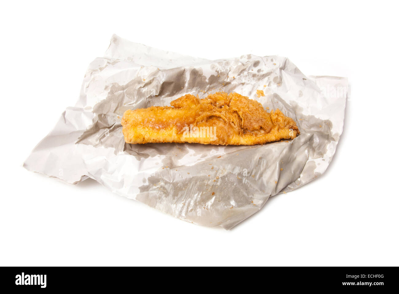fillet of battered deep fried cod fresh from the fish and chip shop. Stock Photo